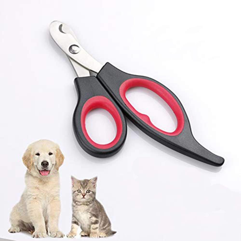 Scissor style dog nail clippers with black and red handles grooming tool product
