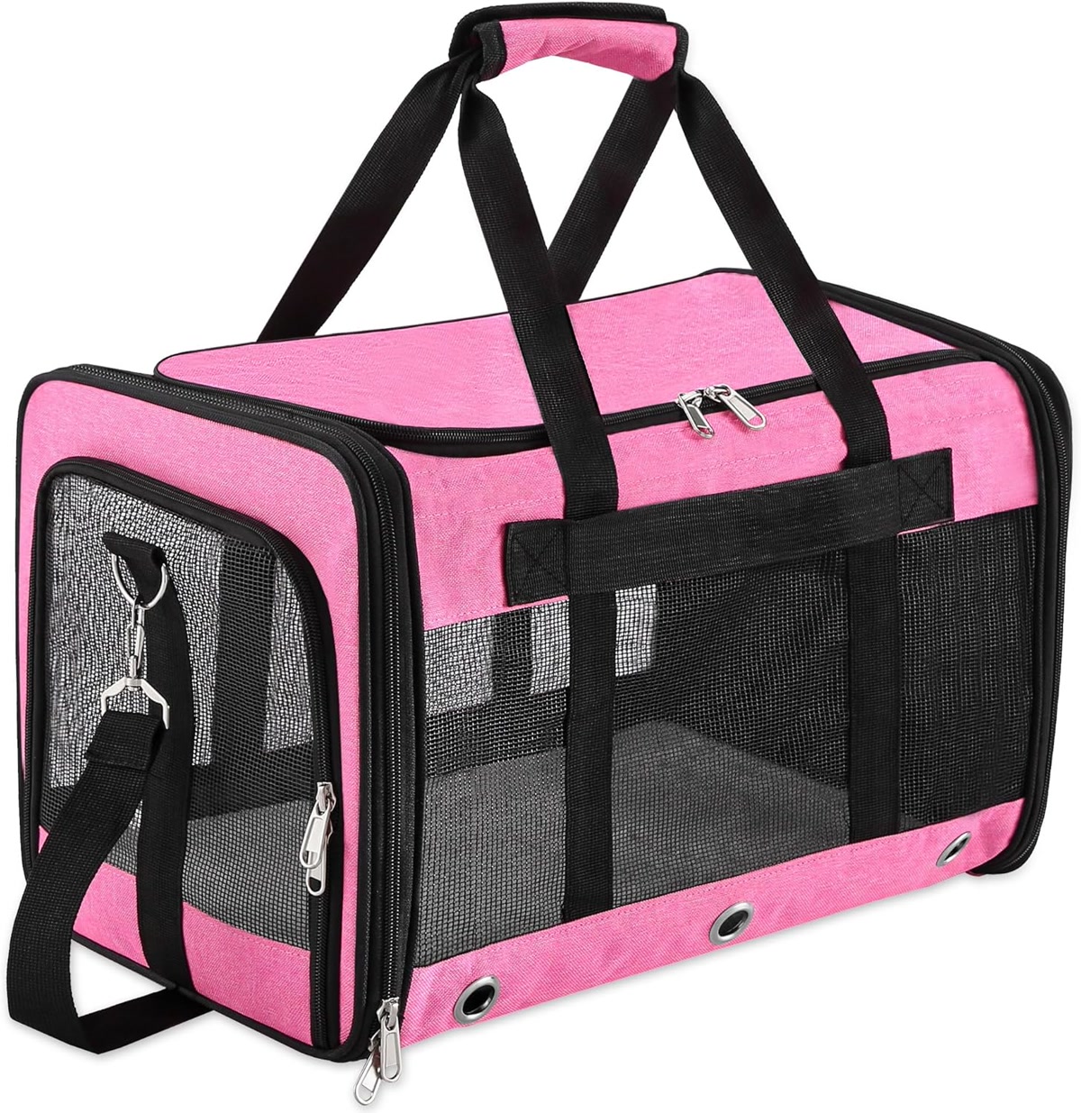Pink and black soft sided pet travel carrier bag with mesh windows for airline travel