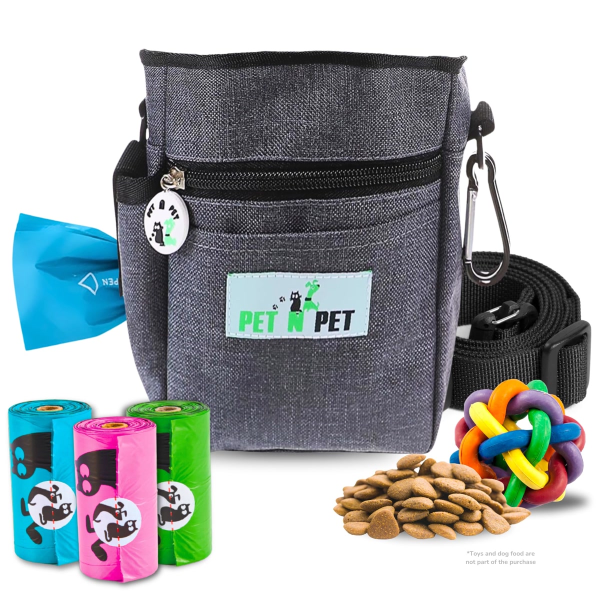 Dog treat pouch product with waste bags and ball for training sessions