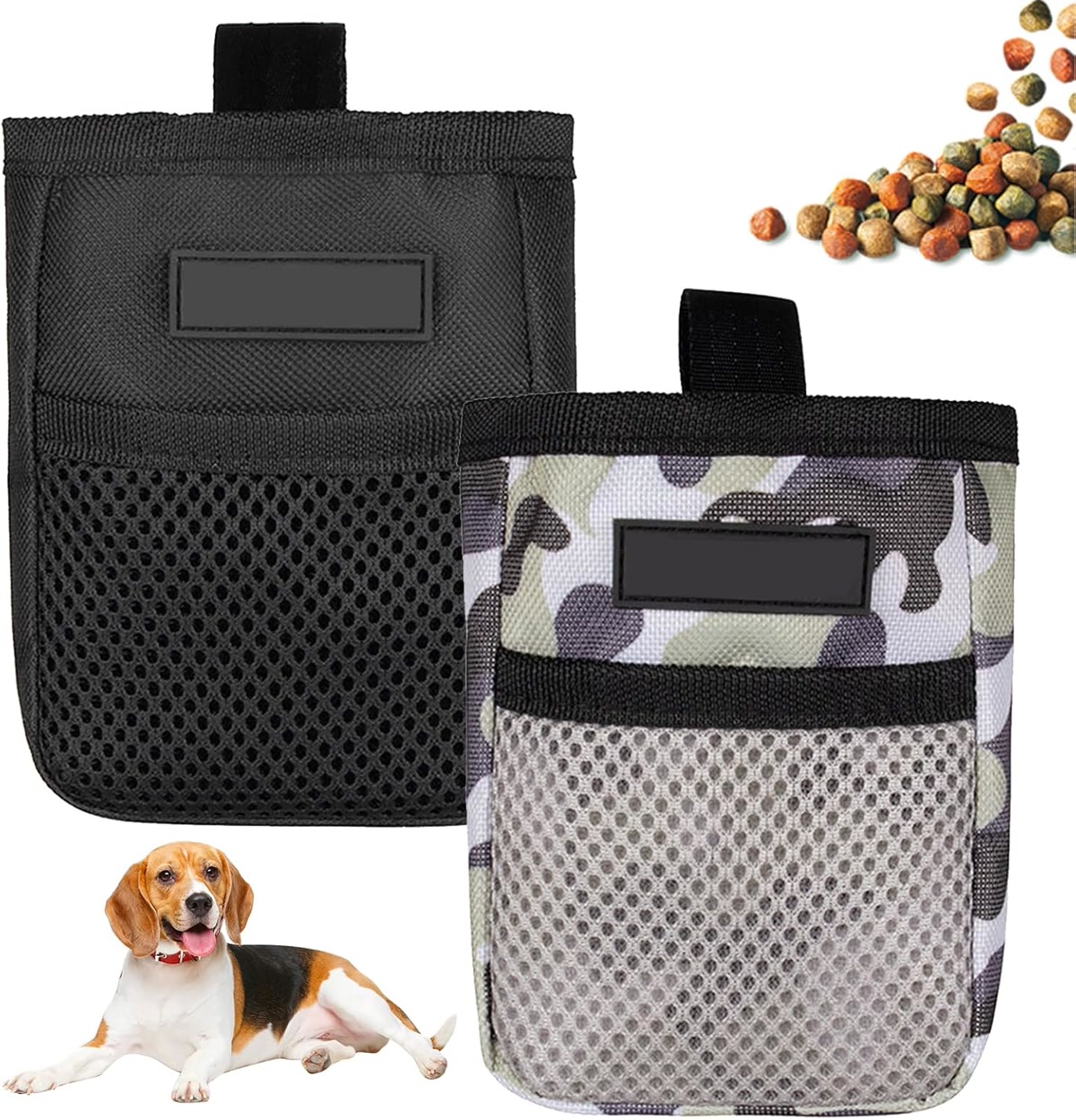 Dog treat pouch product in black and camo with mesh pockets and beagle