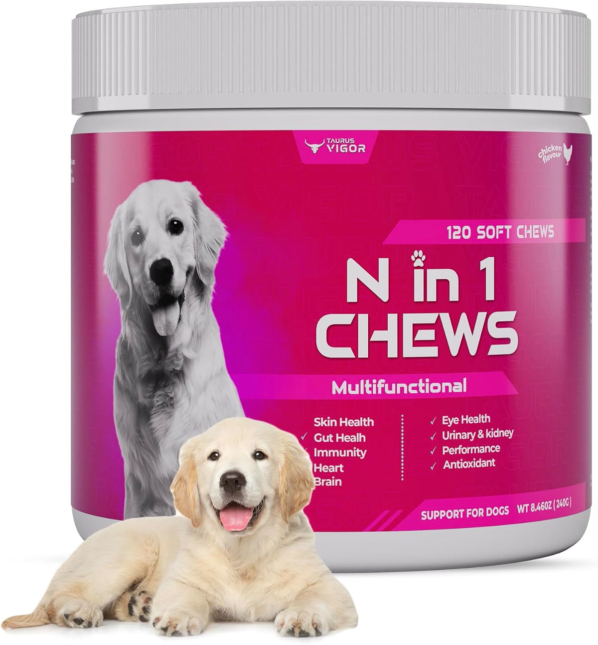 Pink tub of all in one dog vitamin chews supplement with golden retriever puppy