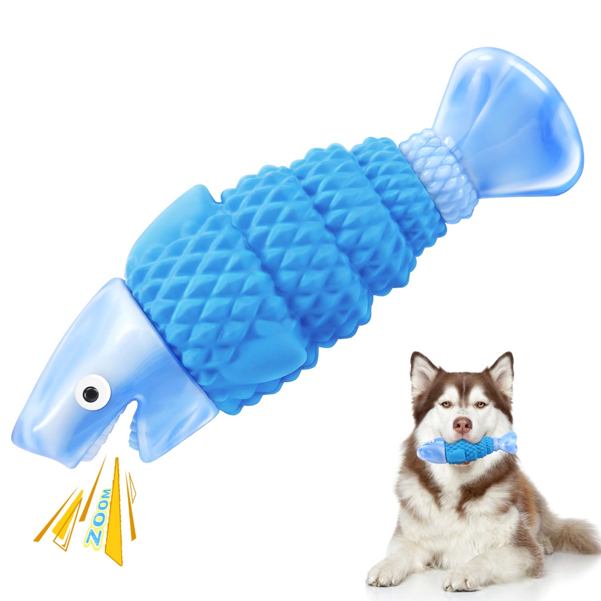 Blue fish shaped rubber dog chew toy product for aggressive chewers