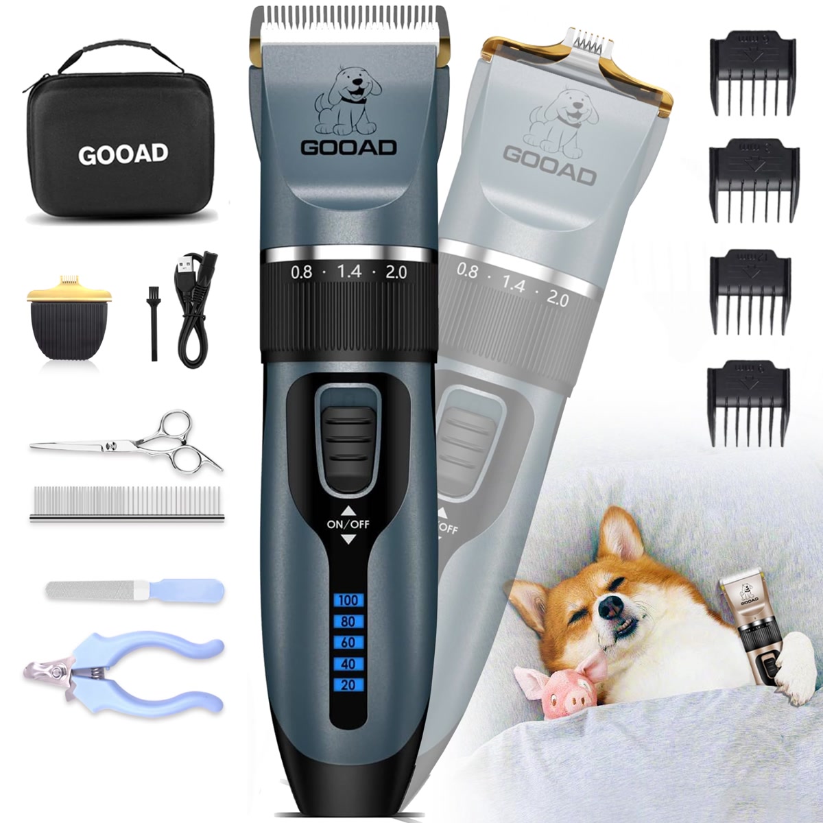 Electric dog clippers grooming kit product with guard attachments and tools