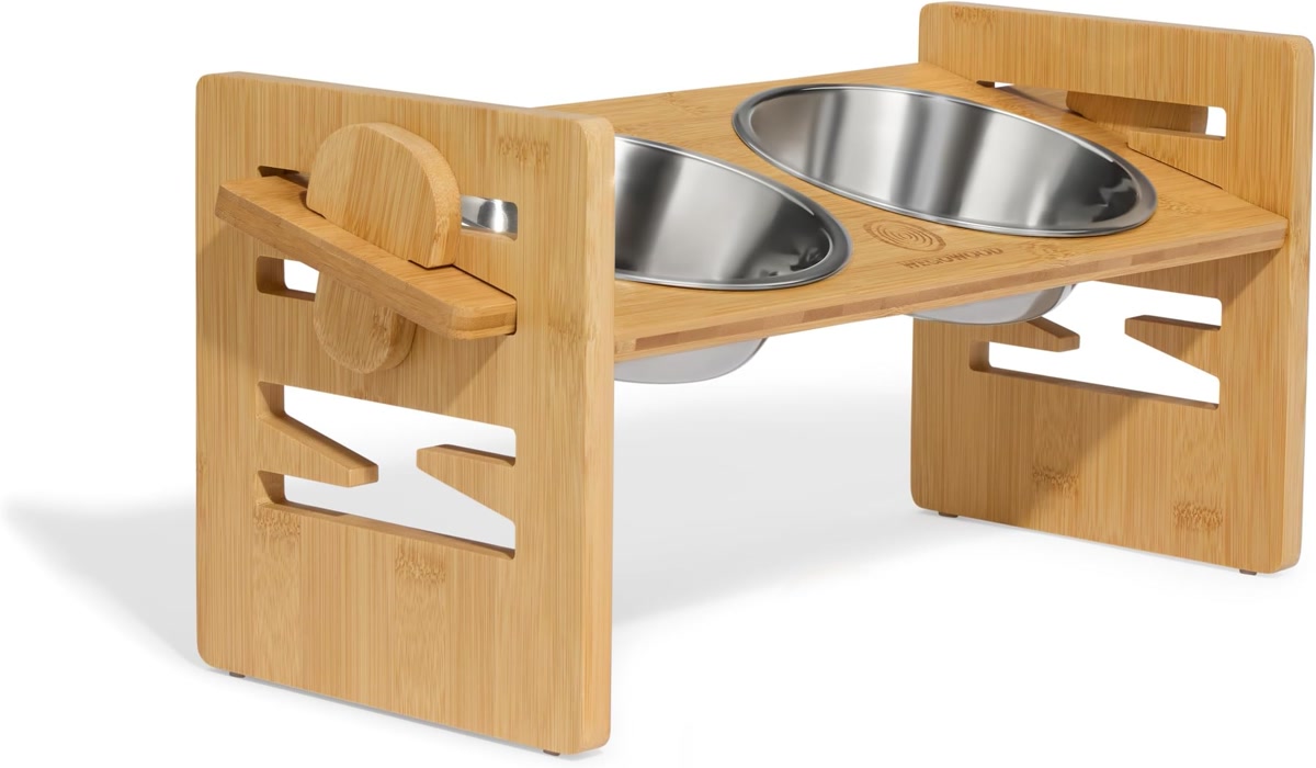 Elevated dog feeder stand with stainless steel bowls for large breed dogs