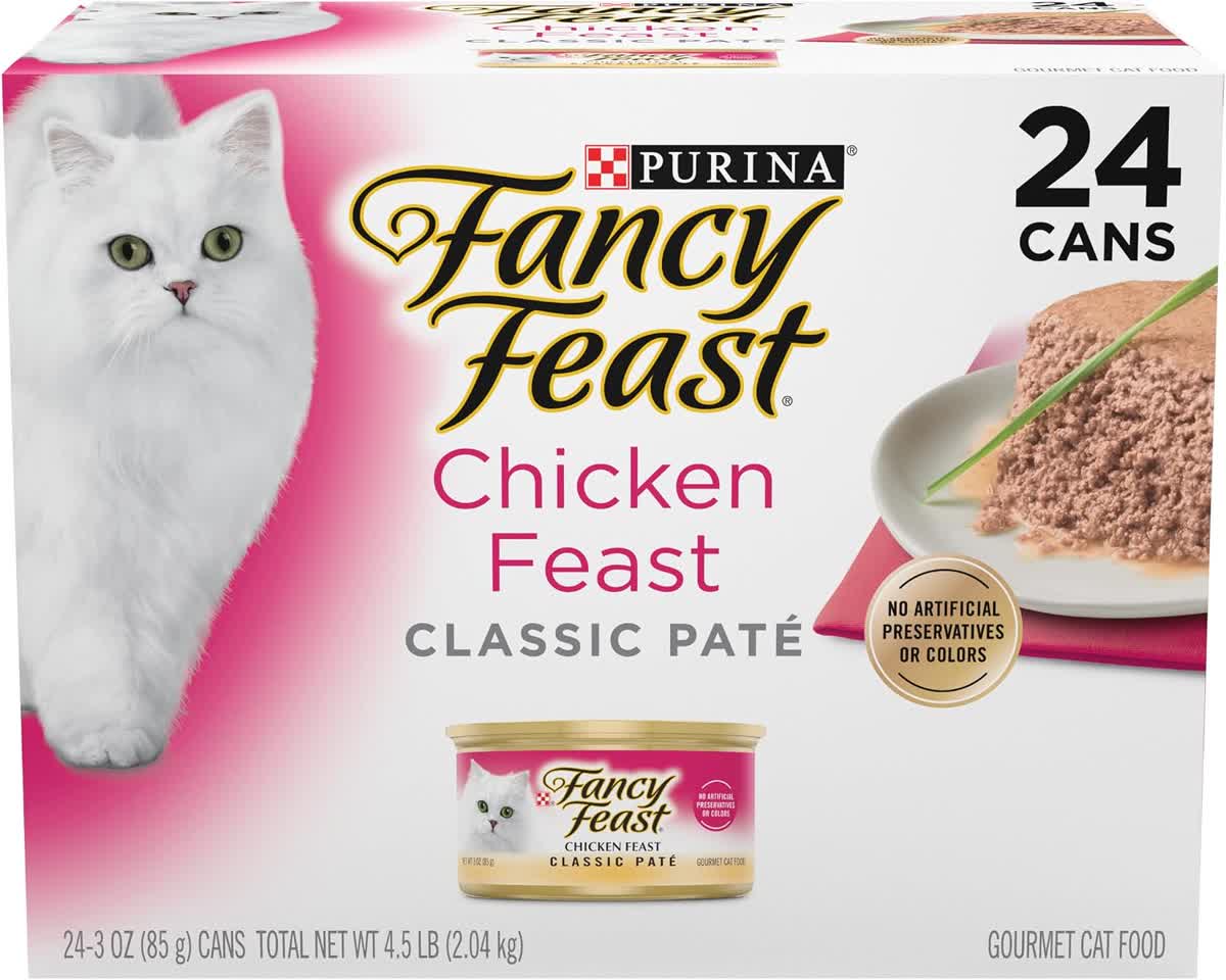 Purina Fancy Feast classic pate wet cat food cans arranged in a row