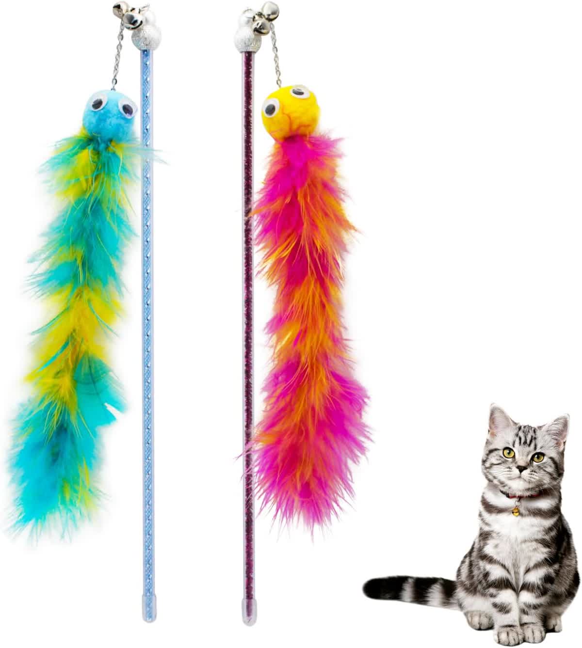 Cat feather wand toy with bell for interactive indoor play and hunting exercise
