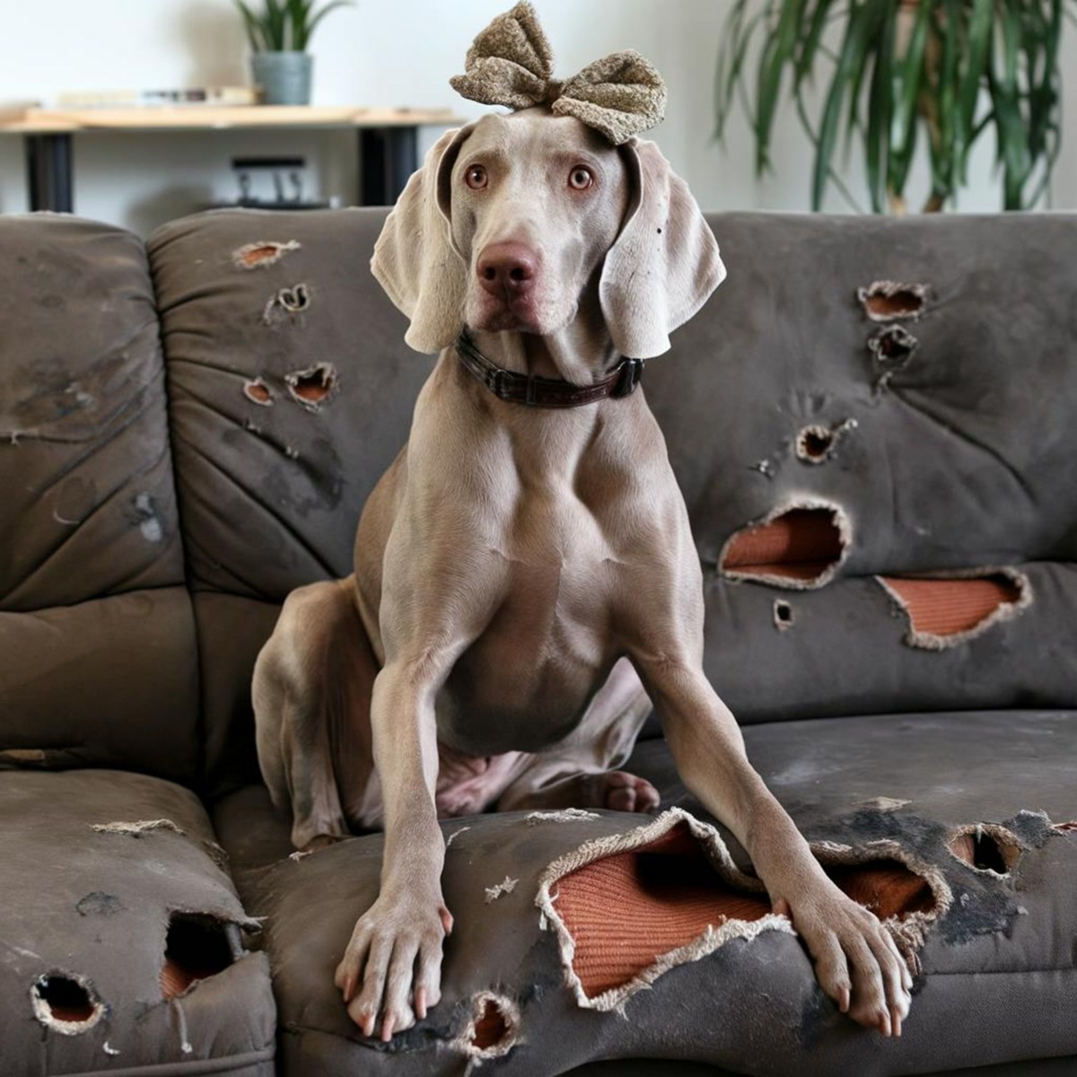 Weimaraner with Bow on Torn Couch