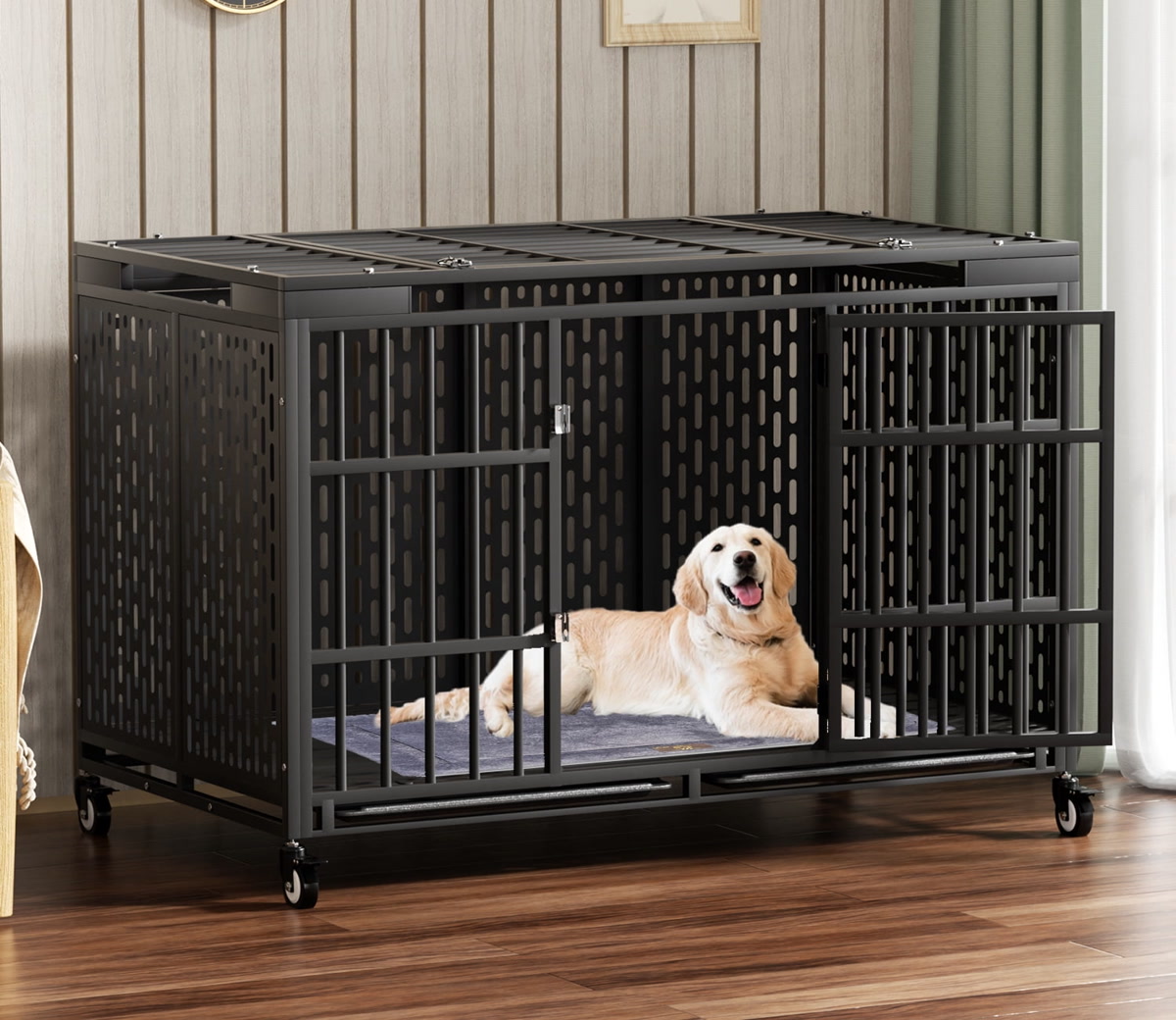 54/48/42/38 Inch Heavy Duty Dog Crate with Wheels, Foldin…