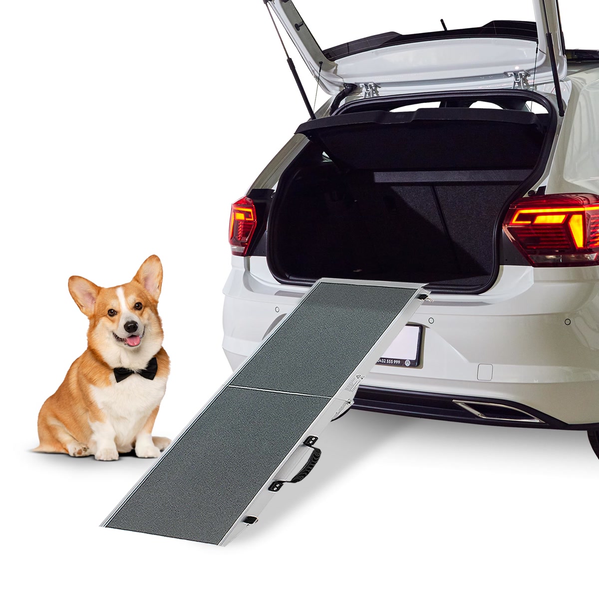 Foldable dog car ramp product extended from car trunk with corgi nearby