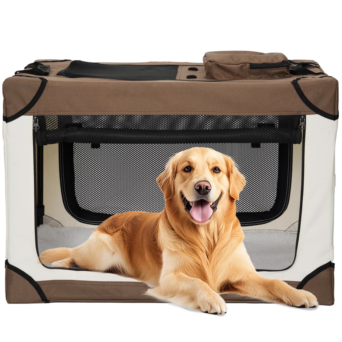 Foldable soft sided brown and cream dog crate with mesh windows and golden retriever inside