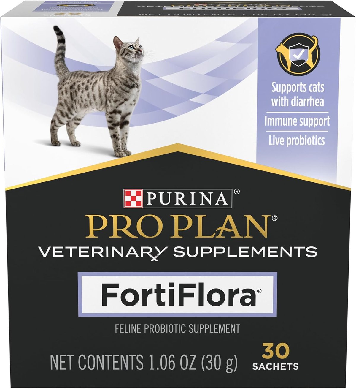 Purina Pro Plan Veterinary Supplements FortiFlora probiotic powder for cats — restores beneficial gut bacteria during and after antibiotic courses
