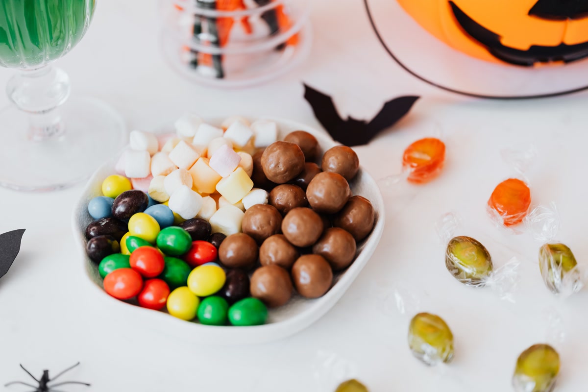 Bowl of Halloween chocolate candy dangerous and toxic to dogs