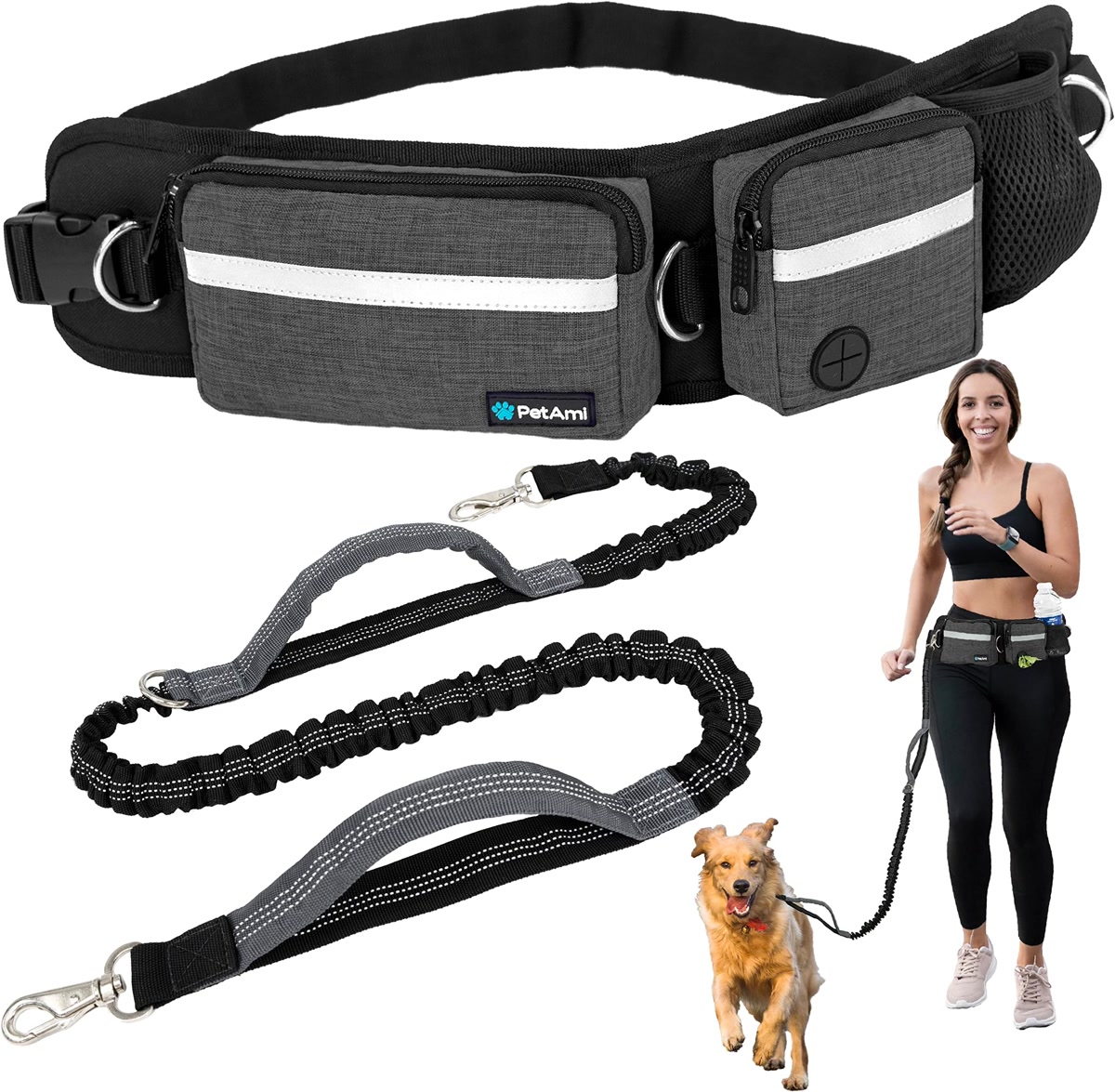 Hands free dog leash waist belt product with bungee strap for running with dog