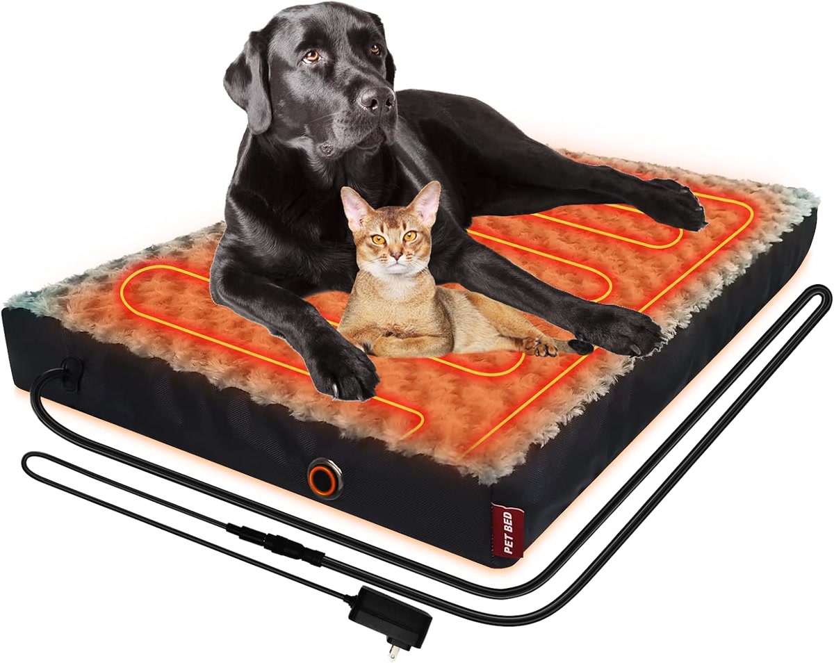 Black dog and cat lying on heated pet warming mat for cold weather comfort