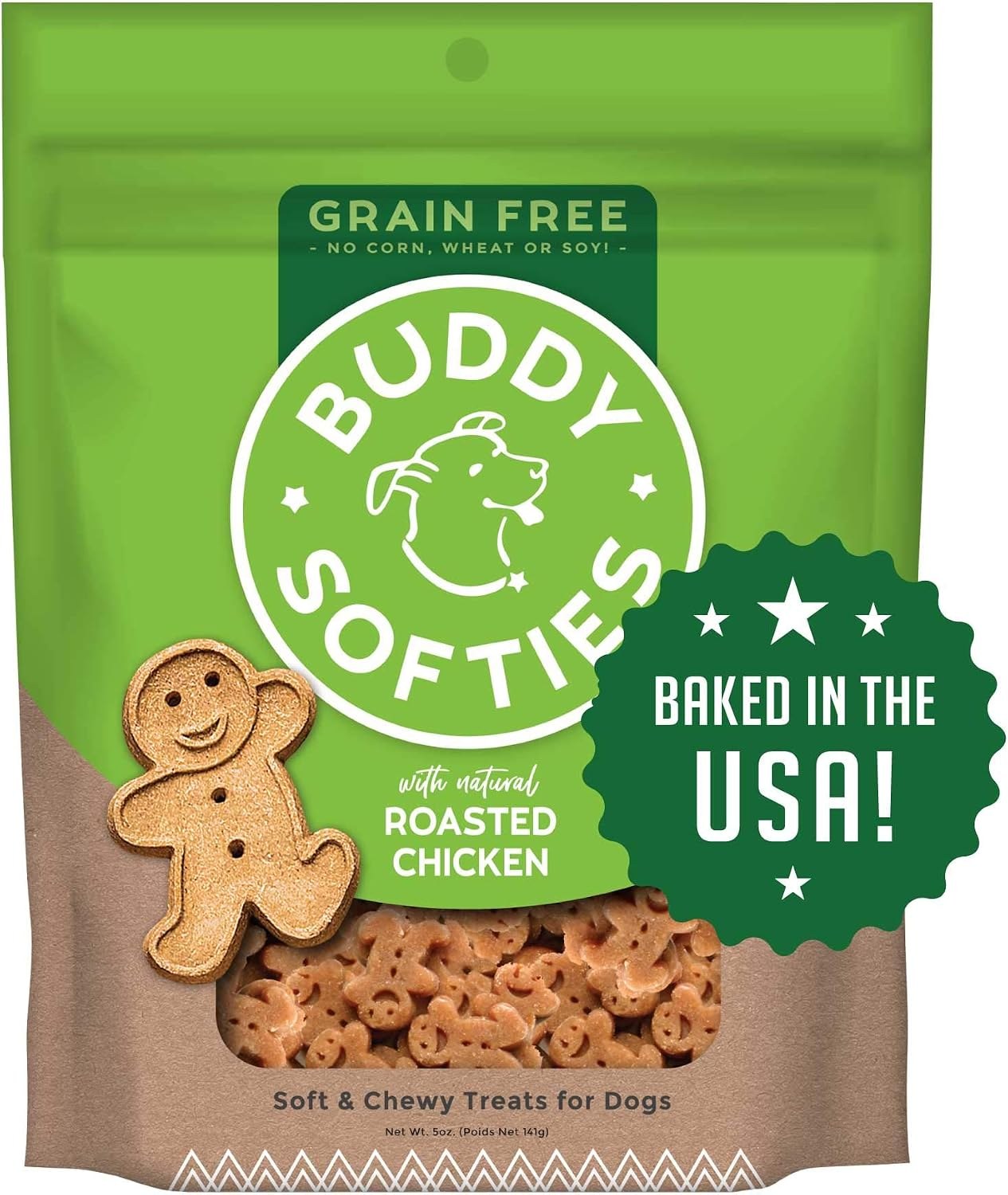 Buddy Biscuits Grain-Free Soft and Chewy dog treats in roasted chicken flavor, displayed on a dog bowl