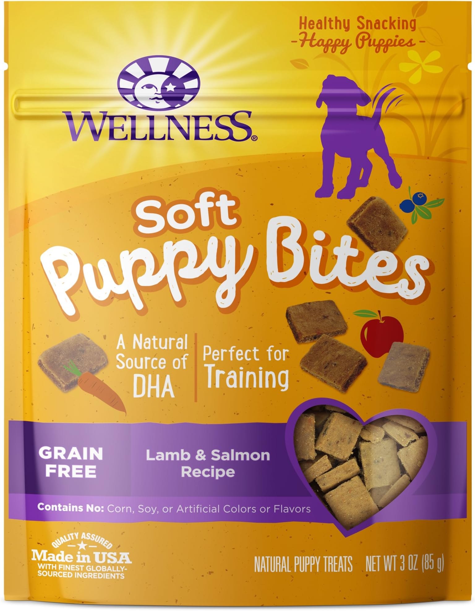 Wellness Soft Puppy Bites in lamb and salmon flavor, showing the soft texture and small treat size ideal for puppies