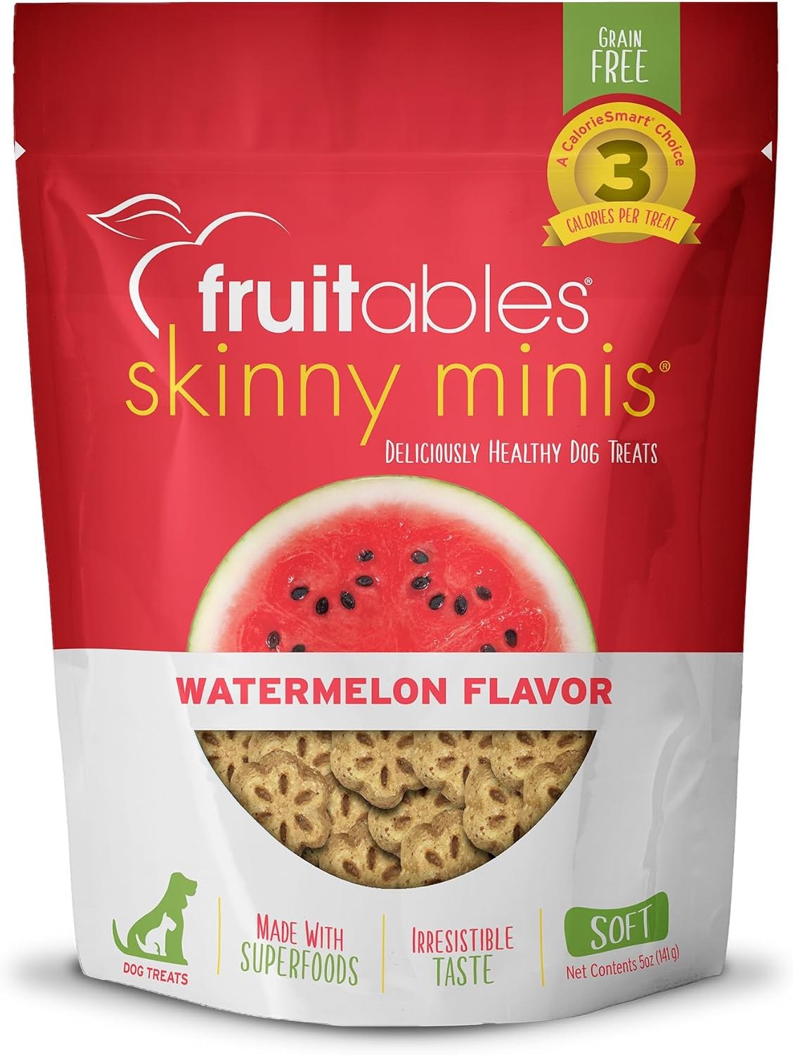 Fruitables Skinny Mini dog treats showing the small bite-sized shape and oven-baked texture in a dog bowl