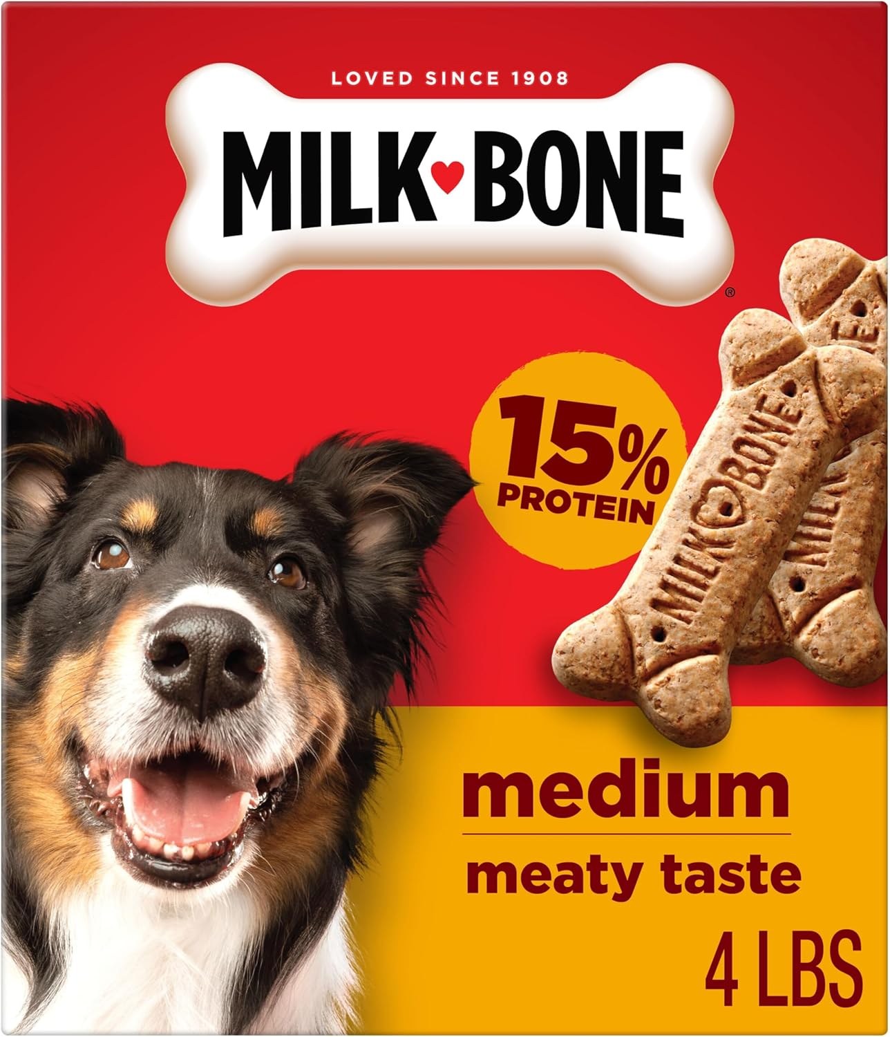 Milk-Bone Original crunchy dog biscuits in medium size, arranged on a kitchen counter next to the product box