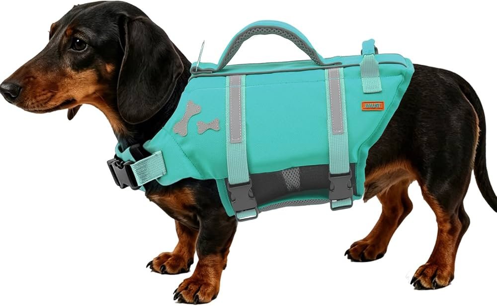 EMUST dog life jacket product photo showing superior buoyancy design