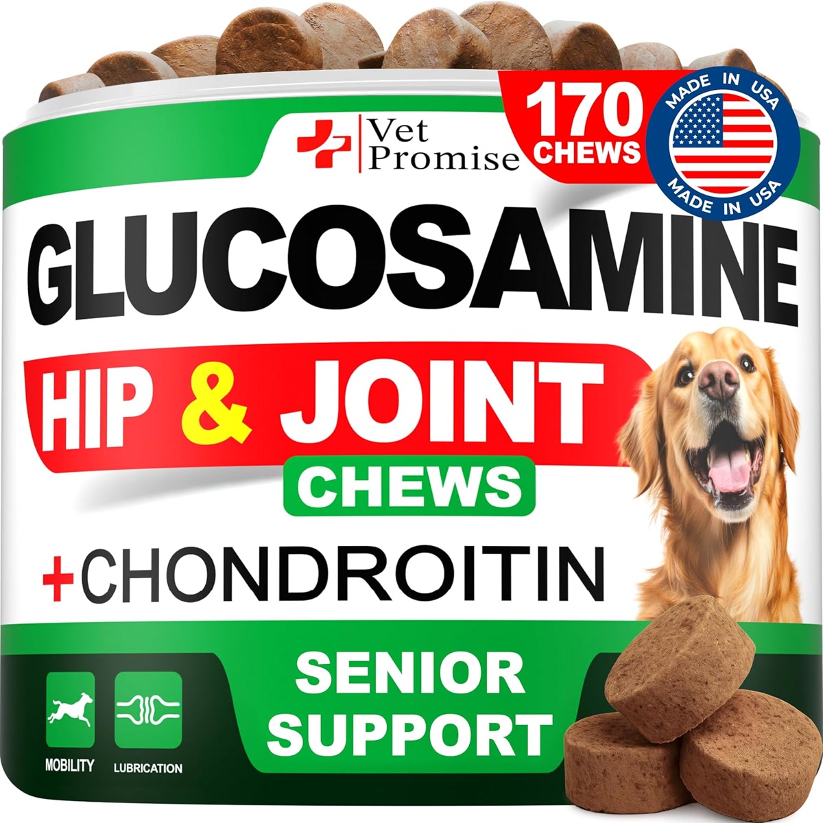 Vet Promise glucosamine hip and joint chews tub supplement for senior dogs