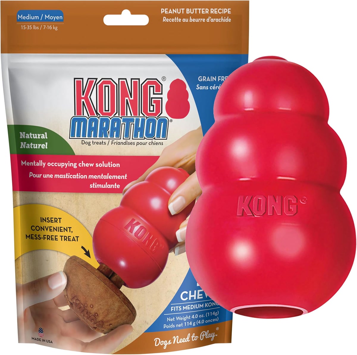 Red Kong toy with peanut butter dog treats for solo chewing enrichment