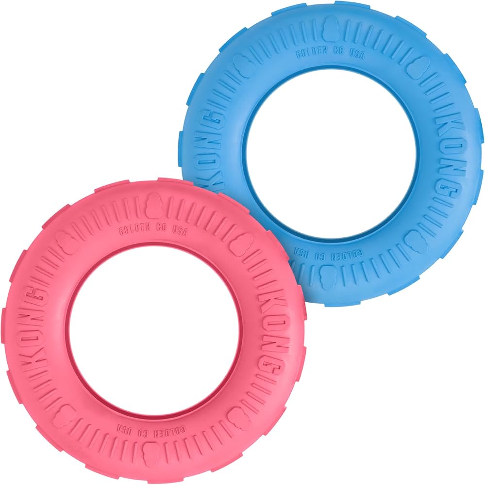 Kong rubber ring dog toys in pink and blue for durable chewing