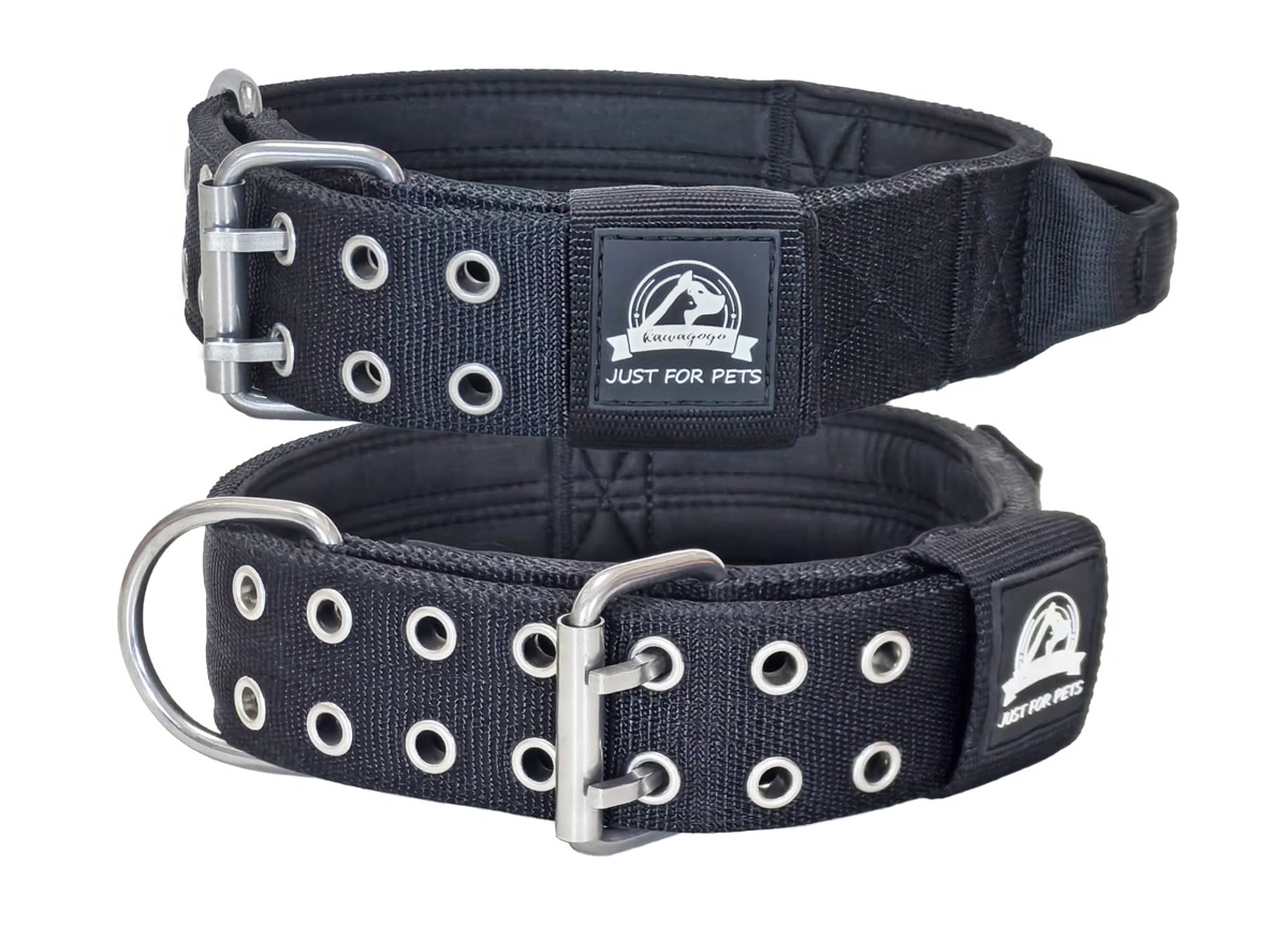 Two heavy duty black nylon dog collars with metal buckles and padded interior for large breeds