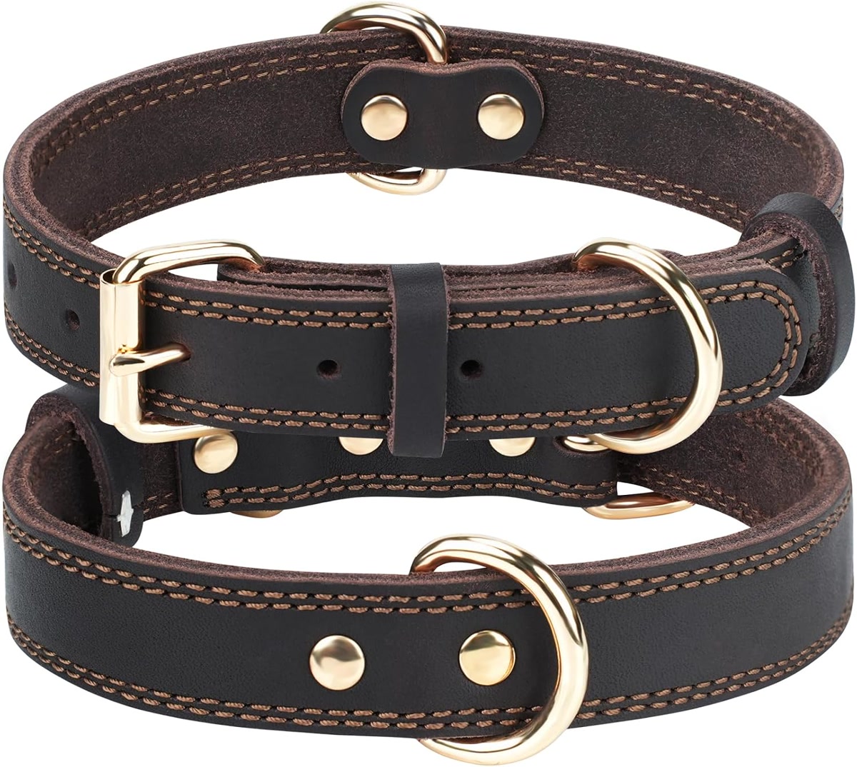 Two thick brown leather dog collars with brass buckles and D rings for large breed dogs