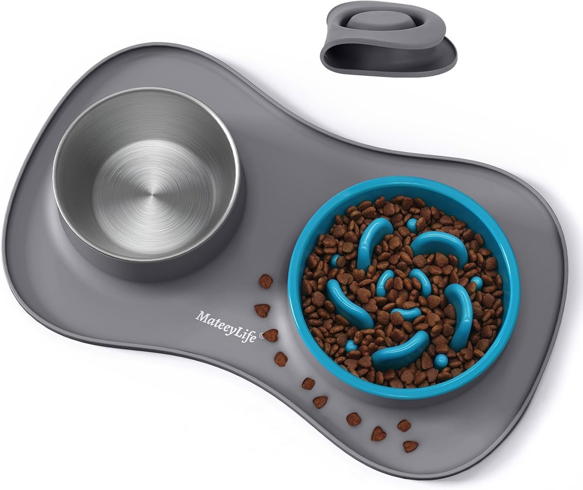 MateeyLife silicone slow feeder dog bowl with maze pattern in blue color