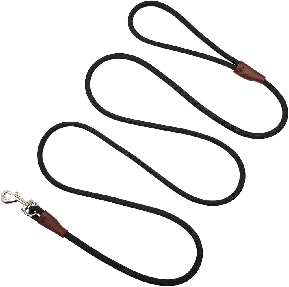 Black rope style nylon dog leash with brown leather handle and clip for small dogs