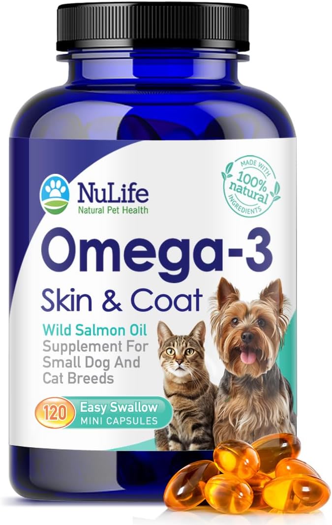 Omega-3 fish oil capsules for cats showing EPA and DHA supplement bottle