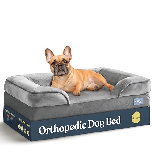 French bulldog on grey orthopedic dog bed product for senior dog comfort
