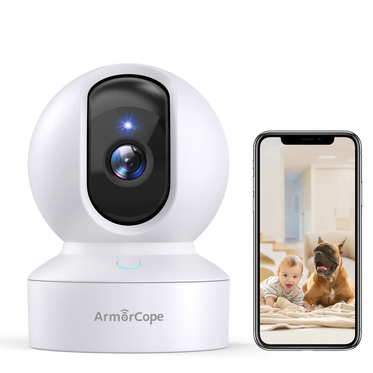 White pet camera monitor with smartphone app showing dog feed for home monitoring