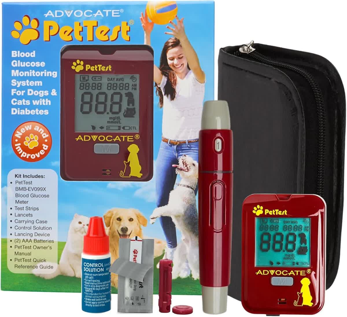 PetTest glucose monitoring kit for diabetic cats with meter, test strips, and lancets