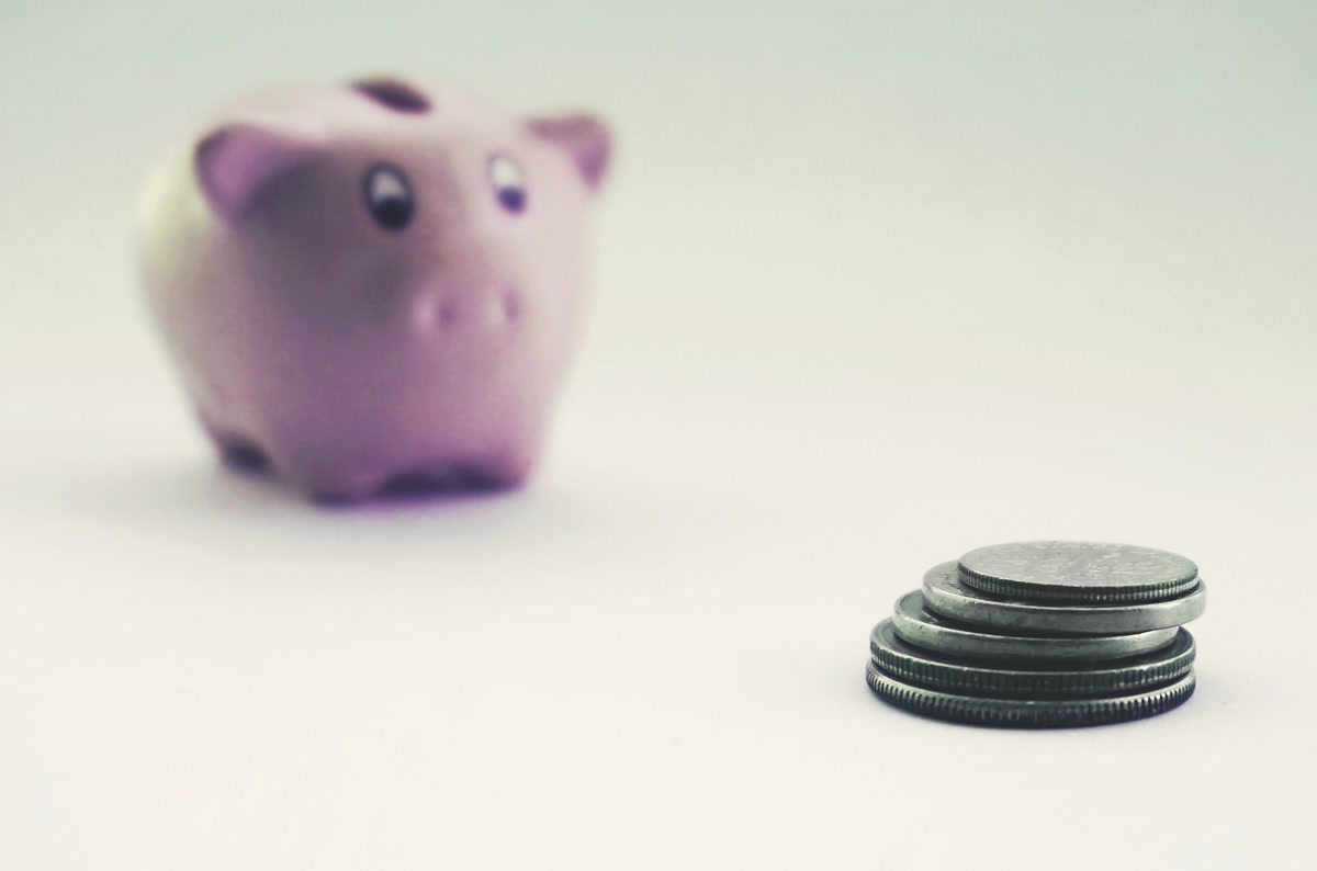 Piggy bank with stack of silver coins for pet emergency fund savings