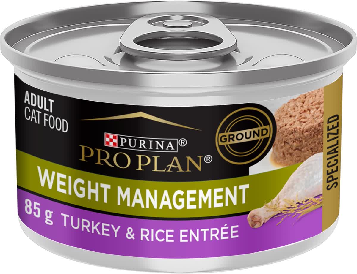Purina Pro Plan Weight Management wet cat food turkey and rice canned formula