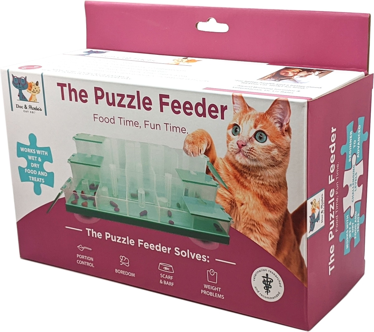 Doc and Phoebe puzzle feeder for cats with multiple compartments for slow food dispensing