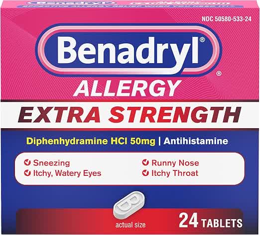 Benadryl extra strength diphenhydramine 50mg allergy relief tablets