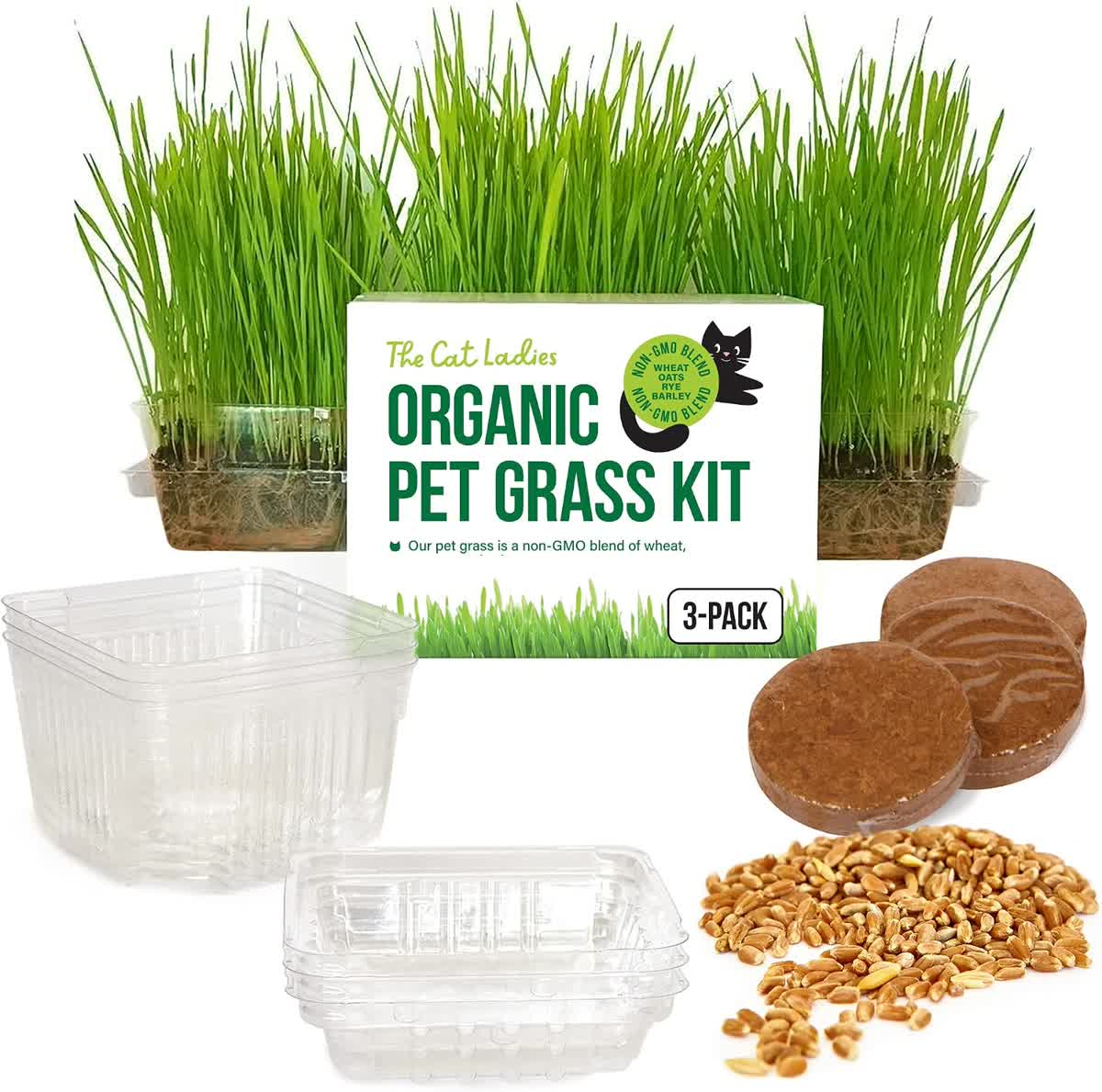 The Cat Ladies cat grass growing kit with oat wheat and rye seeds for indoor cats