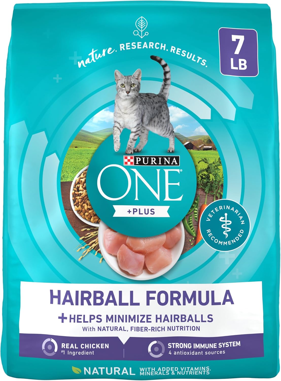 Purina ONE Hairball Control dry cat food bag with natural fiber blend