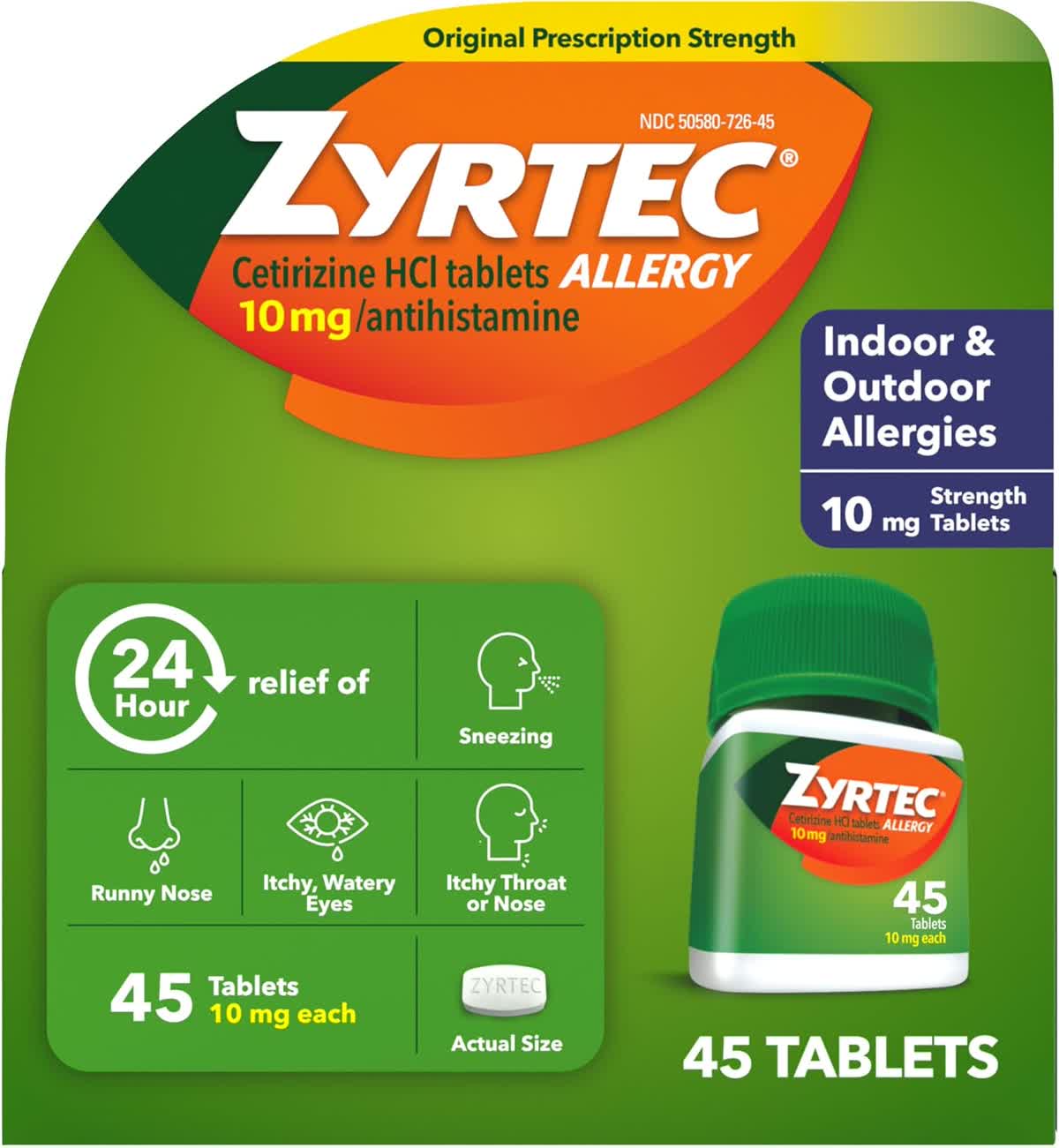 Zyrtec cetirizine 10mg allergy relief tablets bottle