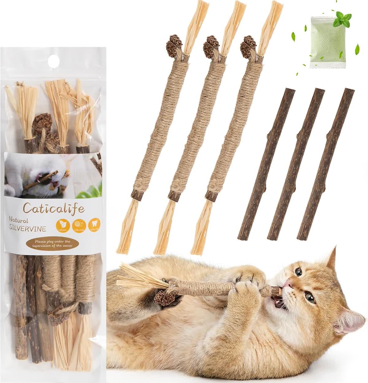 Silvervine and catnip chew sticks for cats to relieve stress and boredom