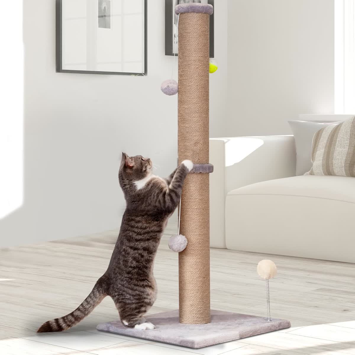 Tall sisal rope cat scratching post for indoor cats to stretch and scratch