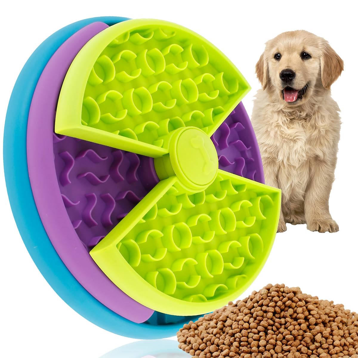 Colorful slow feeder dog bowl puzzle with golden retriever puppy for fast eaters