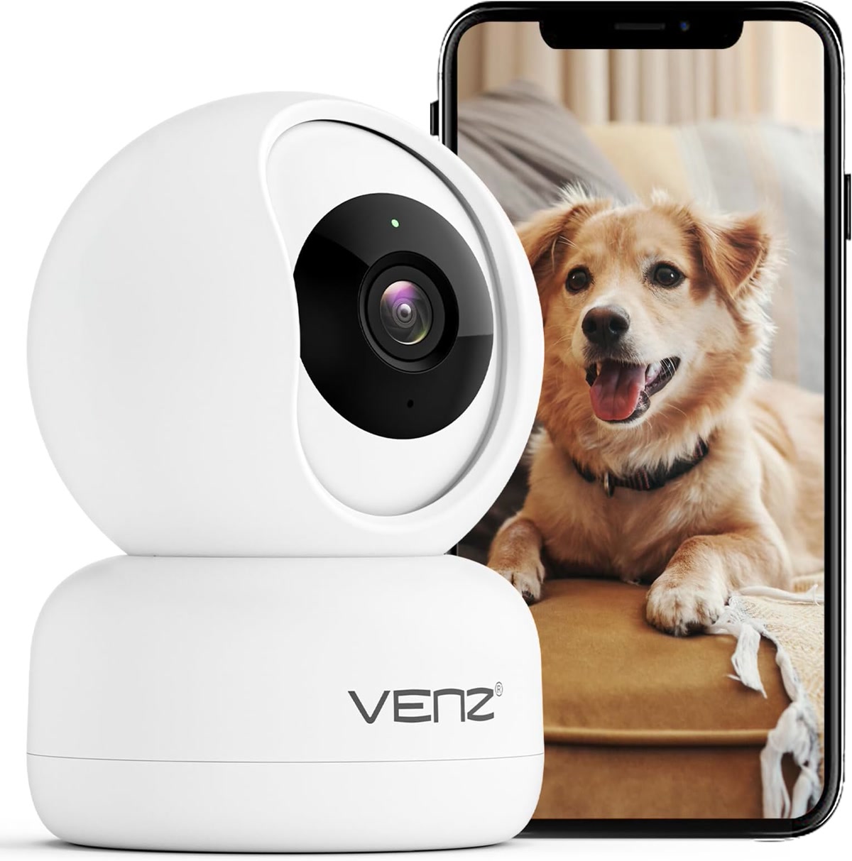 Smart pet camera device with phone app showing live dog feed