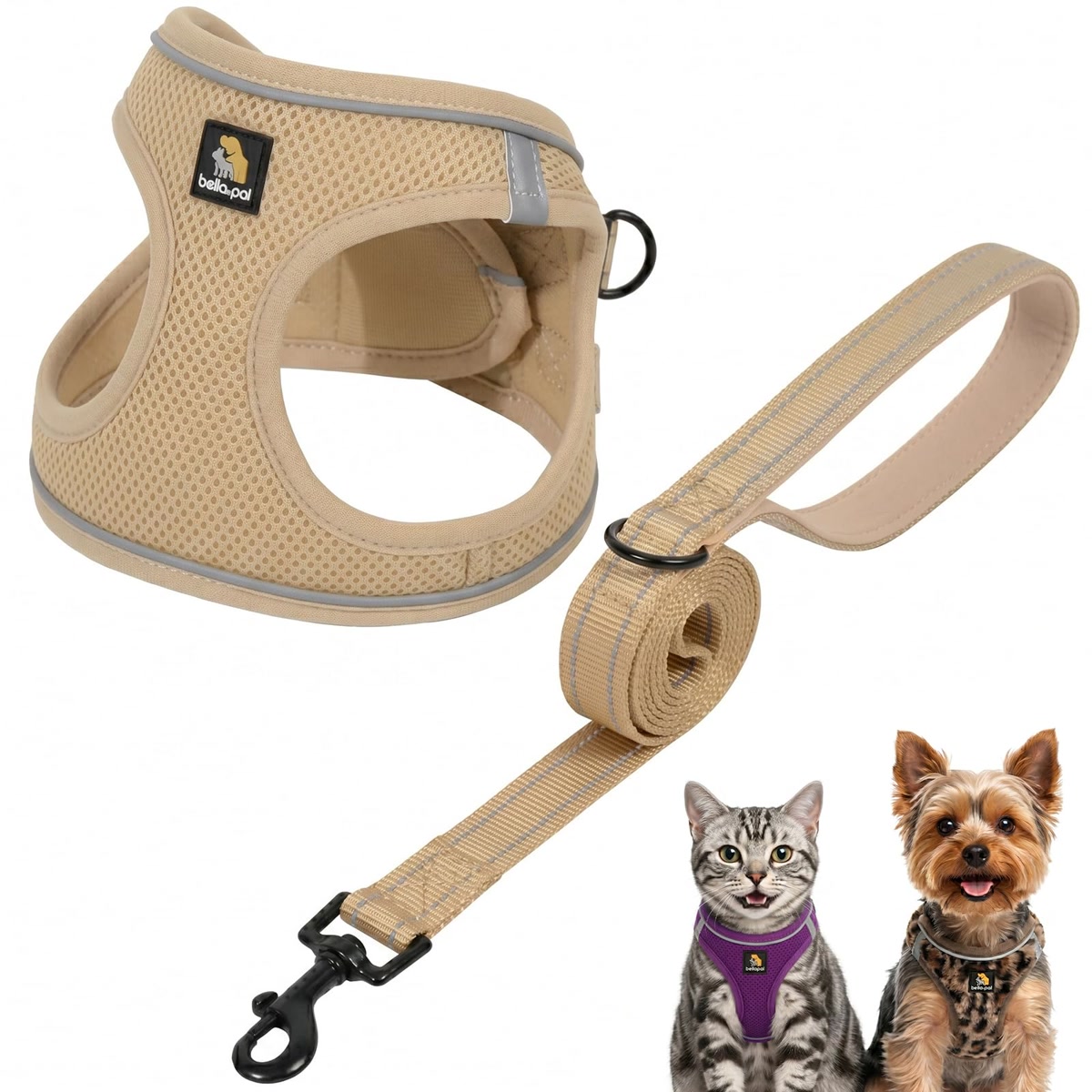 Beige mesh step in dog harness vest with matching leash for small dogs