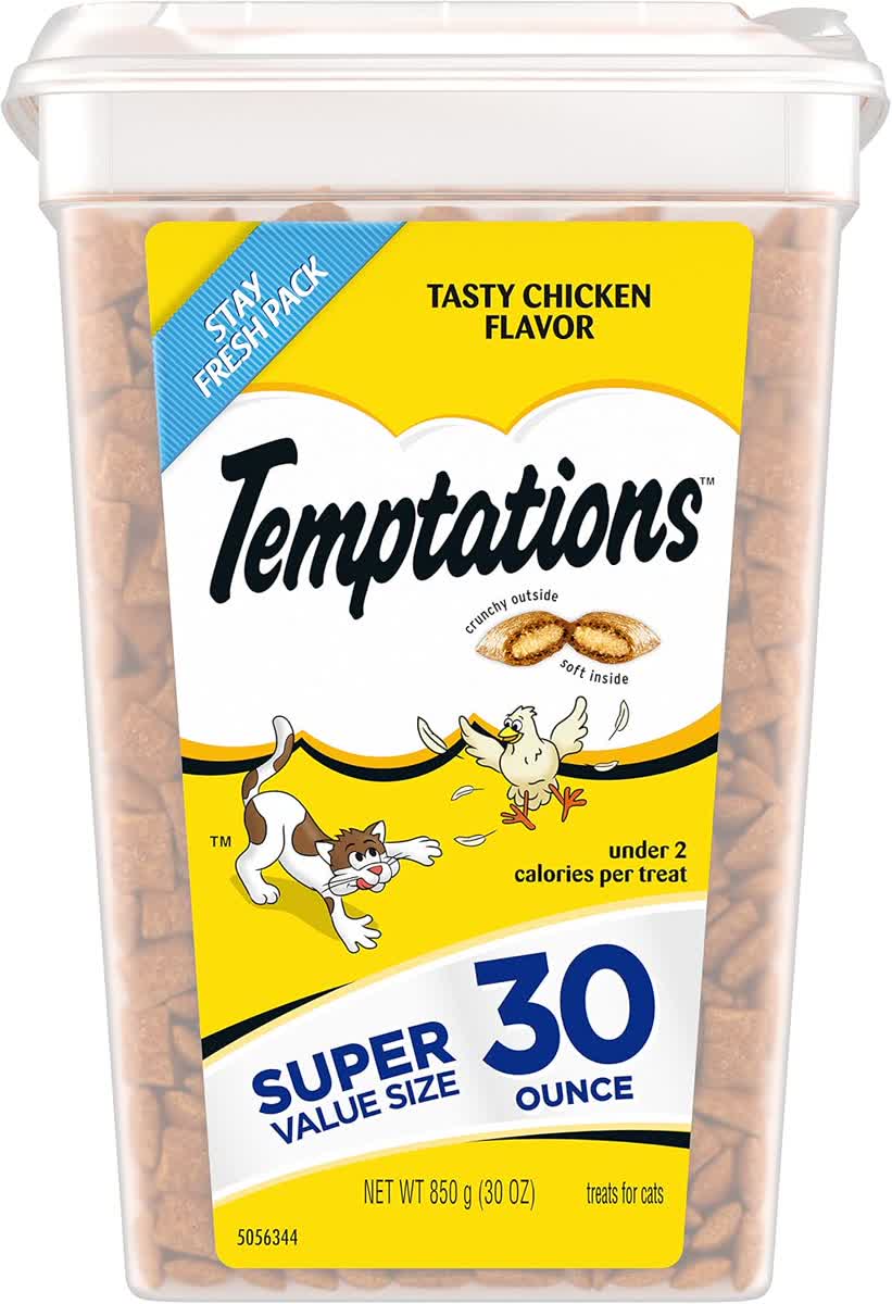 Temptations cat treats Tasty Chicken flavor in crunchy and soft texture tub for training and reward treats
