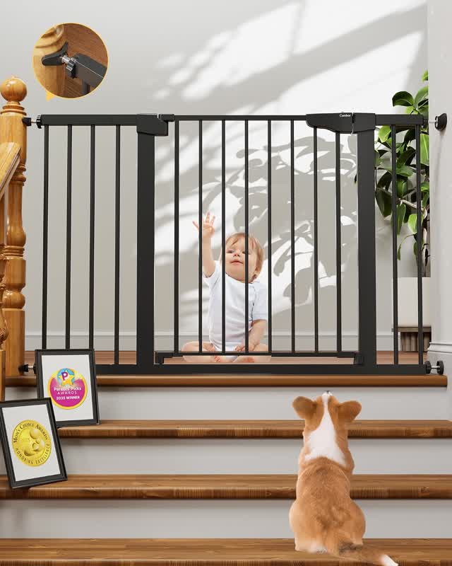 Cumbor pressure-mounted baby gate for stairs and doorways, works as a dog gate to block access to dangerous areas