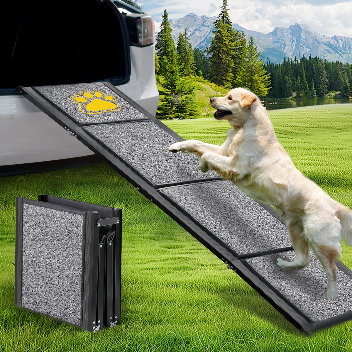 Extra long telescoping dog ramp for car SUV and high bed with non-slip surface for senior dogs