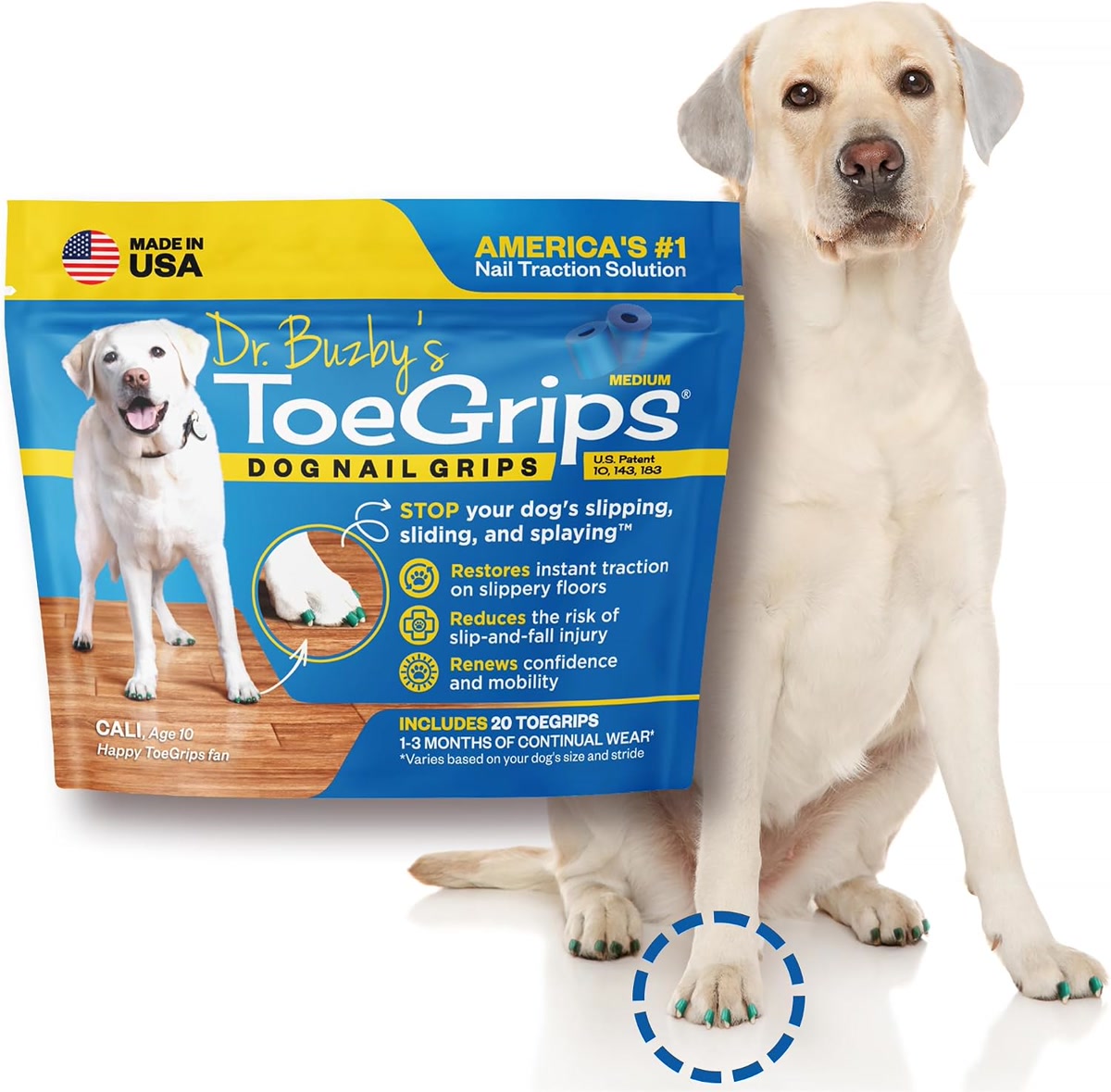 Dr Buzby's ToeGrips anti-slip nail grips for senior dogs providing traction on smooth floors